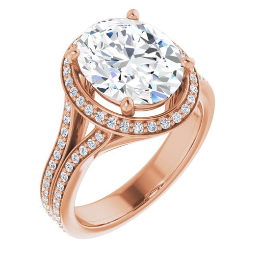 10K Rose Gold Customizable Cathedral-raised Oval Cut Setting with Halo and Shared Prong Band