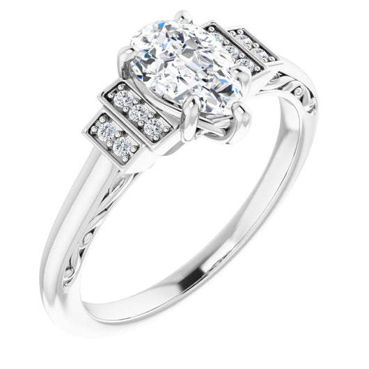 10K White Gold Customizable Engraved Design with Pear Cut Center and Perpendicular Band Accents