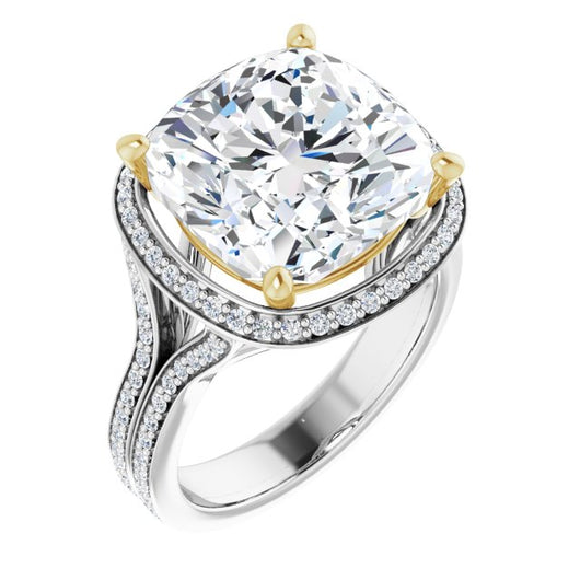 14K White & Yellow Gold Customizable Cathedral-raised Cushion Cut Setting with Halo and Shared Prong Band