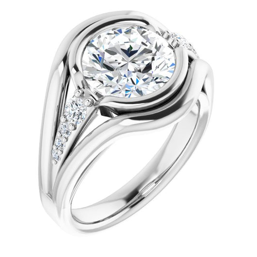 10K White Gold Customizable 9-stone Round Cut Design with Bezel Center, Wide Band and Round Prong Side Stones