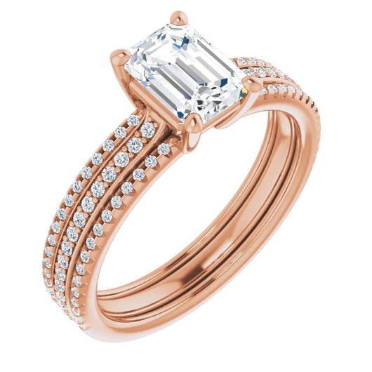 10K Rose Gold Customizable Emerald/Radiant Cut Center with Wide Pavé Accented Band