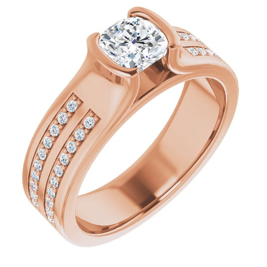 10K Rose Gold Customizable Bezel-set Cushion Cut Design with Thick Band featuring Double-Row Shared Prong Accents