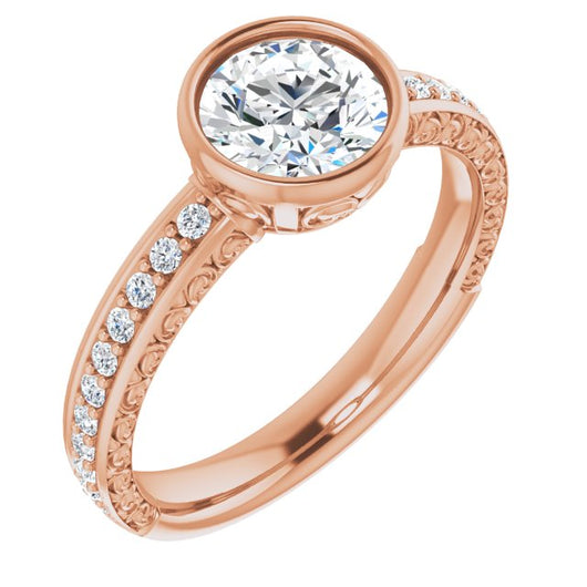 10K Rose Gold Customizable Bezel-set Round Cut Design with Cloud-pattern Band & Semi-Eternity Accents