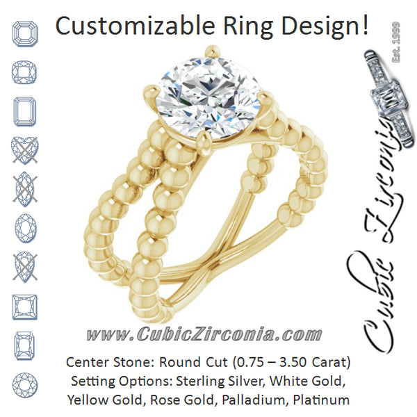 Cubic Zirconia Engagement Ring- The Isabella Noa (Customizable Round Cut Solitaire with Wide Beaded Split-Band)