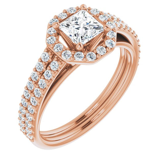 10K Rose Gold Customizable Cathedral Princess/Square Cut Design with Geometric Halo & Split Pavé Band