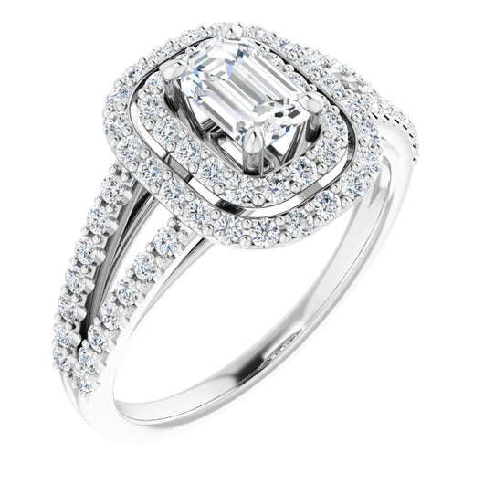 10K White Gold Customizable Emerald/Radiant Cut Design with Double Halo and Wide Split-Pavé Band