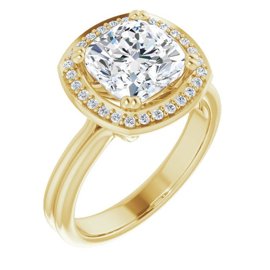 10K Yellow Gold Customizable Cushion Cut Style with Scooped Halo and Grooved Band