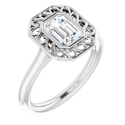 10K White Gold Customizable Cathedral-Bezel Style Emerald/Radiant Cut Solitaire with Flowery Filigree