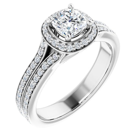 10K White Gold Customizable Cathedral-raised Cushion Cut Setting with Halo and Shared Prong Band