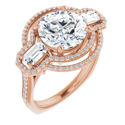 10K Rose Gold Customizable Enhanced 3-stone Style with Round Cut Center, Emerald Cut Accents, Double Halo and Thin Shared Prong Band