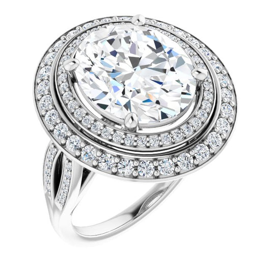 10K White Gold Customizable Cathedral-style Oval Cut Design with Double Halo & Split-Pavé Band