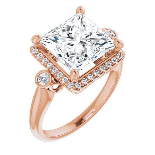 10K Rose Gold Customizable Princess/Square Cut Style with Halo and Twin Round Bezel Accents