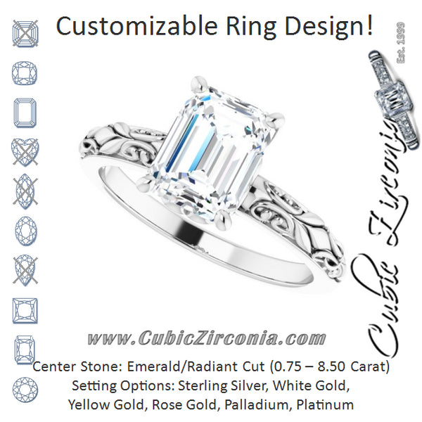 Cubic Zirconia Engagement Ring- The An Chen (Customizable Emerald Cut Solitaire featuring Delicate Metal Scrollwork)