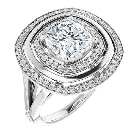 10K White Gold Customizable Cushion Cut Oversized 2x Halo Style with Knuckle Accented Split Band