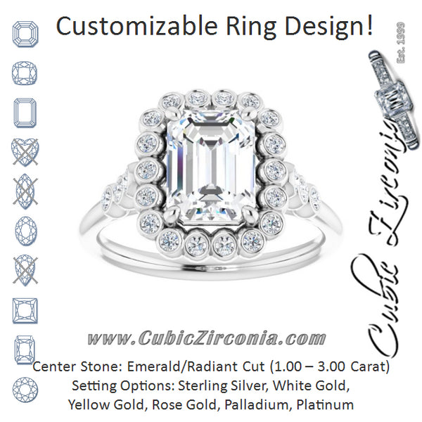 Cubic Zirconia Engagement Ring- The Chandni (Customizable Emerald Cut Cathedral-Style Clustered Halo Design with Round Bezel Accents)