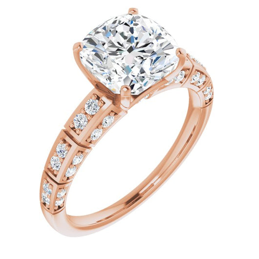 10K Rose Gold Customizable Cushion Cut Style with Three-sided, Segmented Shared Prong Band