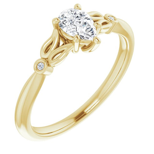 10K Yellow Gold Customizable 3-stone Pear Cut Design with Thin Band and Twin Round Bezel Side Stones