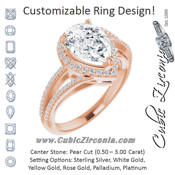 Cubic Zirconia Engagement Ring- The Claudette (Customizable Pear Cut Vintage Design with Halo Style and Asymmetrical Split-Pavé Band)