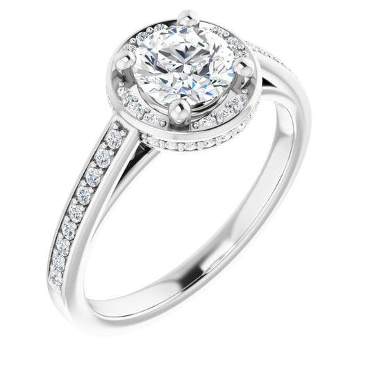 10K White Gold Customizable Cathedral-Halo Round Cut Design with Under-halo & Shared Prong Band