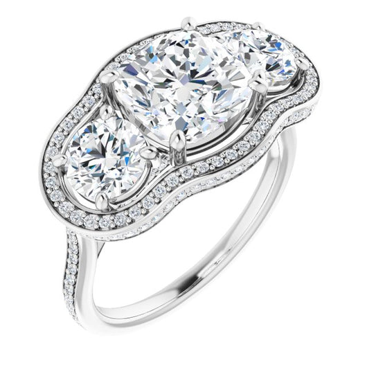 10K White Gold Customizable 3-stone Cushion Cut Design with Multi-Halo Enhancement and 150+-stone Pavé Band