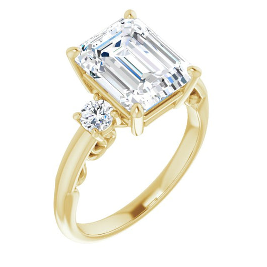 10K Yellow Gold Customizable Emerald/Radiant Cut 3-stone Style featuring Heart-Motif Band Enhancement