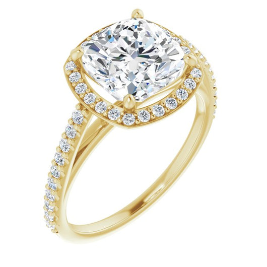 10K Yellow Gold Customizable Cushion Cut Design with Halo and Thin Pavé Band