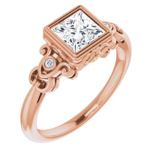 10K Rose Gold Customizable 5-stone Design with Princess/Square Cut Center and Quad Round-Bezel Accents