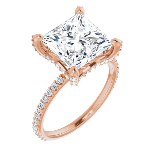 10K Rose Gold Customizable Princess/Square Cut Design with Round-Accented Band, Micropav? Under-Halo and Decorative Prong Accents)