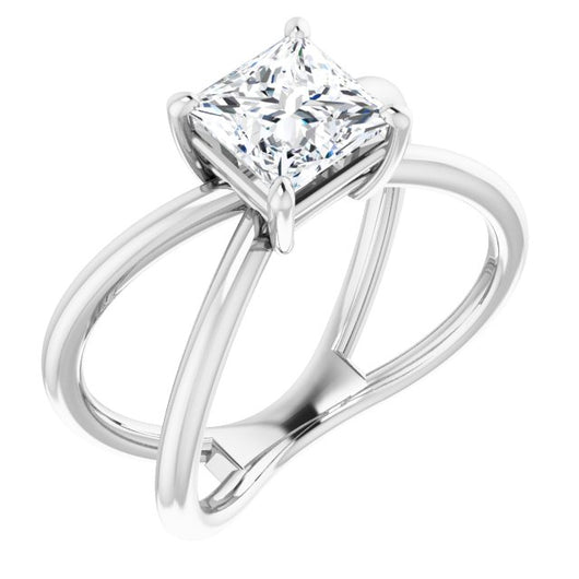 10K White Gold Customizable Princess/Square Cut Solitaire with Semi-Atomic Symbol Band