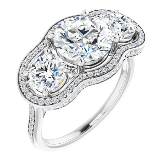 10K White Gold Customizable 3-stone Round Cut Design with Multi-Halo Enhancement and 150+-stone Pavé Band