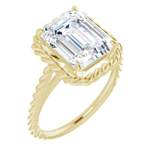 10K Yellow Gold Customizable Cathedral-set Emerald/Radiant Cut Solitaire with Thin Rope-Twist Band