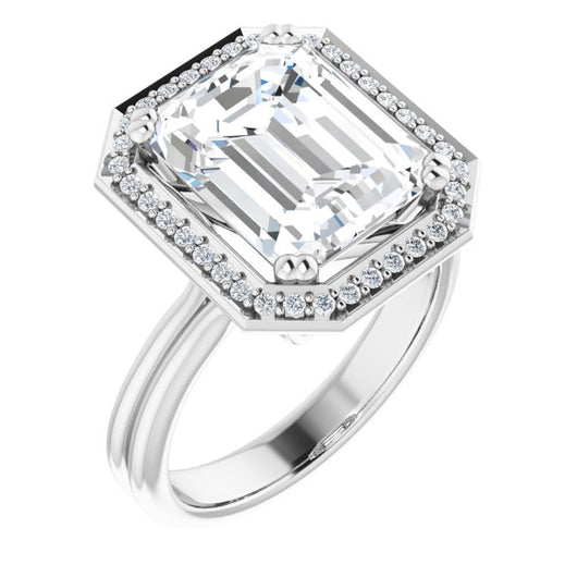 10K White Gold Customizable Emerald/Radiant Cut Style with Scooped Halo and Grooved Band