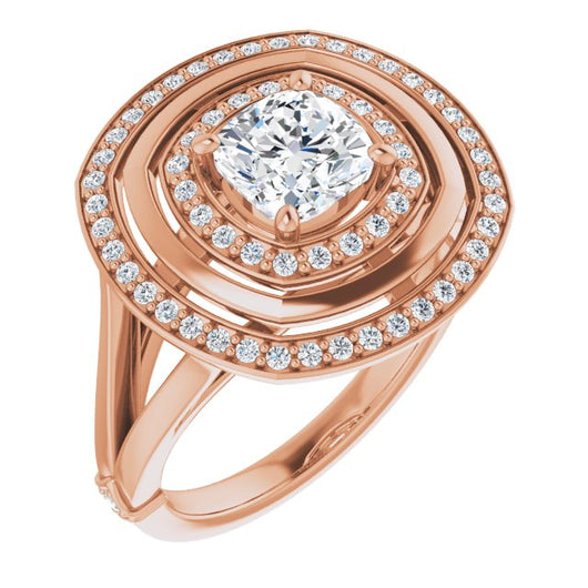 10K Rose Gold Customizable Cushion Cut Oversized 2x Halo Style with Knuckle Accented Split Band