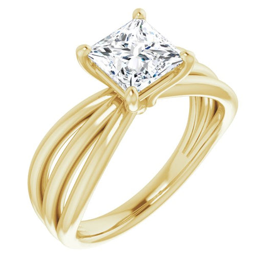 10K Yellow Gold Customizable Princess/Square Cut Solitaire Design with Wide, Ribboned Split-band