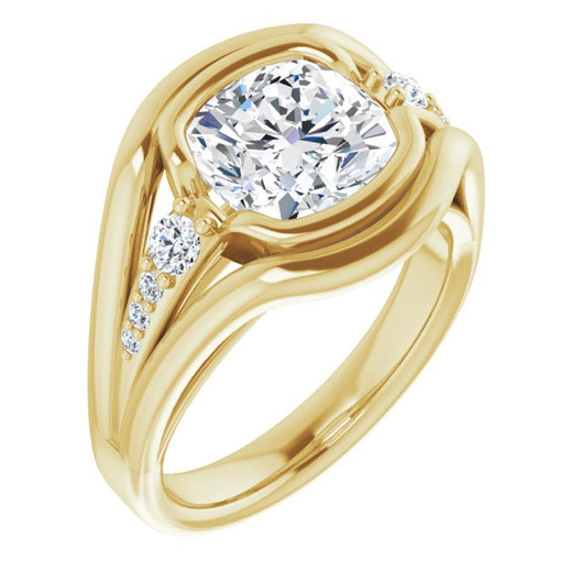 10K Yellow Gold Customizable 9-stone Cushion Cut Design with Bezel Center, Wide Band and Round Prong Side Stones