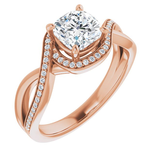 10K Rose Gold Customizable Bypass-Halo-Accented Cushion Cut Center with Twisting Split Shared Prong Band