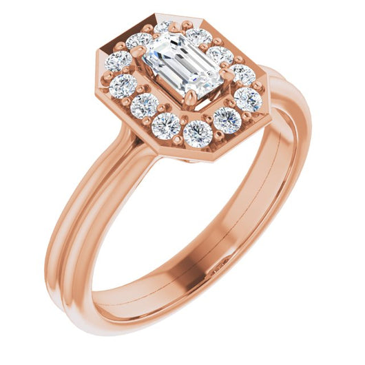 10K Rose Gold Customizable Cluster-Halo Accented Emerald/Radiant Cut Style with Tapered Dual Band