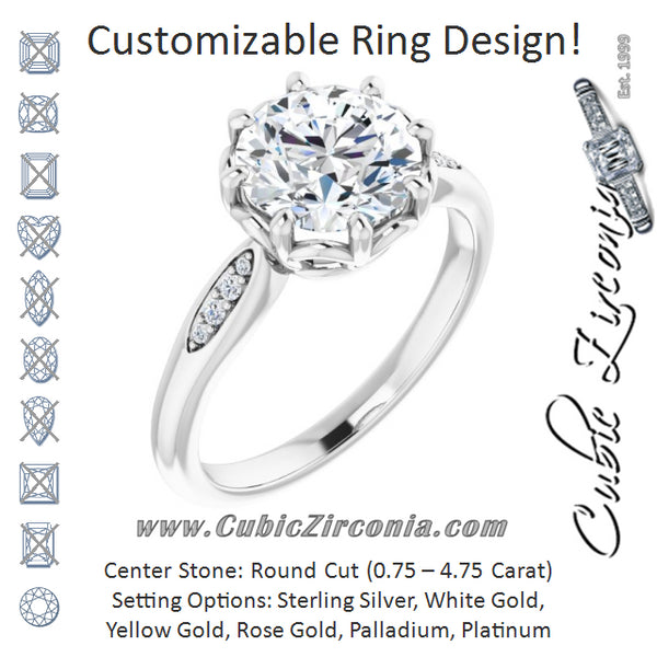 Cubic Zirconia Engagement Ring- The Sandhya (Customizable 9-stone Round Cut Design with 8-prong Decorative Basket & Round Cut Side Stones)