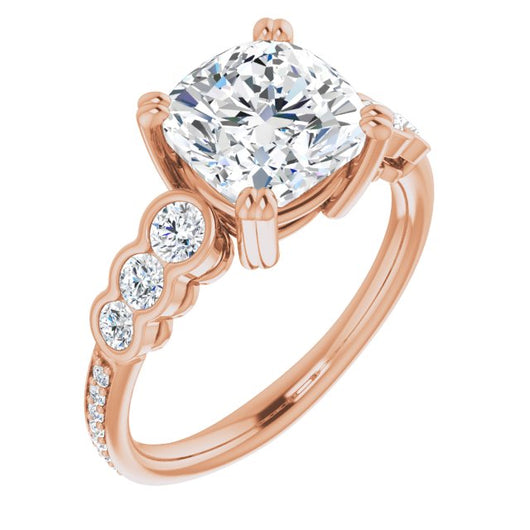 10K Rose Gold Customizable Cushion Cut 7-stone Style Enhanced with Bezel Accents and Shared Prong Band