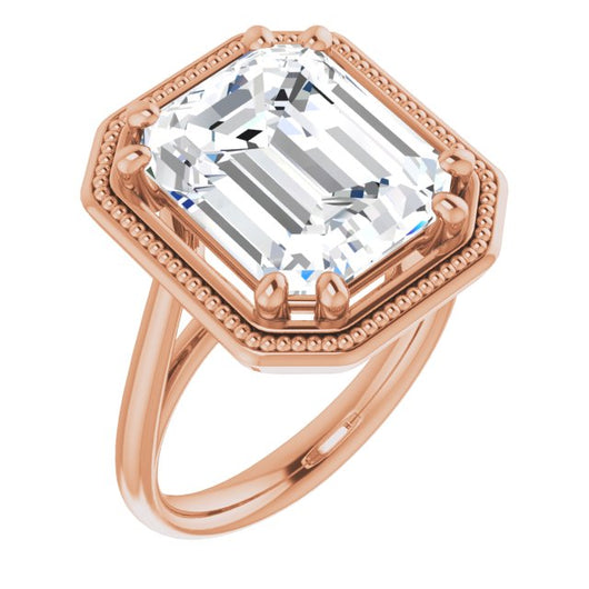 10K Rose Gold Customizable Emerald/Radiant Cut Solitaire with Metallic Drops Halo Lookalike