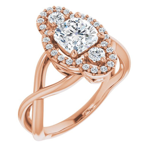 10K Rose Gold Customizable Vertical 3-stone Cushion Cut Design Enhanced with Multi-Halo Accents and Twisted Band