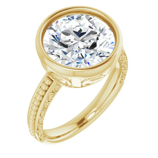 10K Yellow Gold Customizable Bezel-set Round Cut Solitaire with Beaded and Carved Three-sided Band