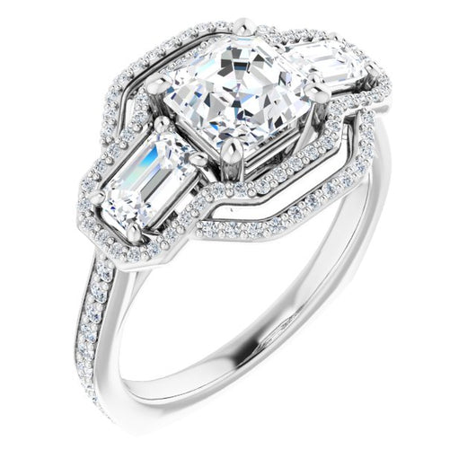 10K White Gold Customizable Enhanced 3-stone Style with Asscher Cut Center, Emerald Cut Accents, Double Halo and Thin Shared Prong Band