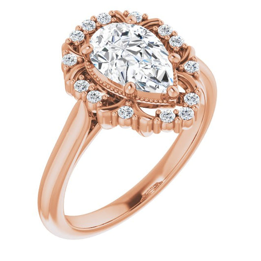 10K Rose Gold Customizable Pear Cut Design with Majestic Crown Halo and Raised Illusion Setting