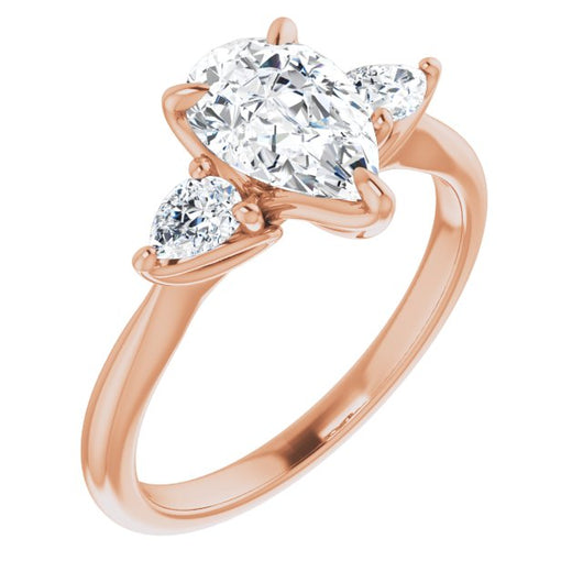 10K Rose Gold Customizable 3-stone Design with Pear Cut Center and Dual Large Pear Side Stones