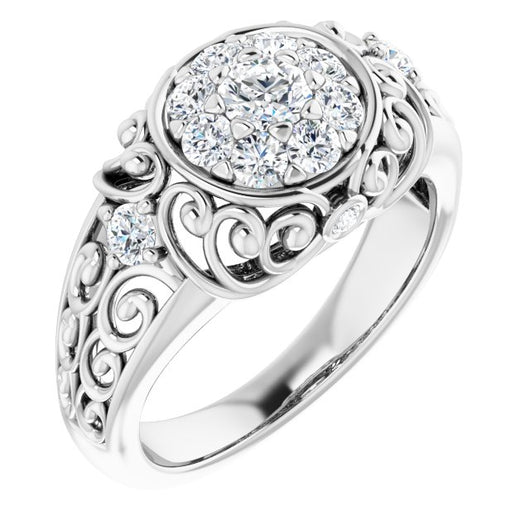 10K White Gold Customizable Round Cut Halo Style with Round Prong Side Stones and Intricate Metalwork