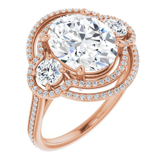 10K Rose Gold Customizable Enhanced 3-stone Double-Halo Style with Oval Cut Center and Thin Band