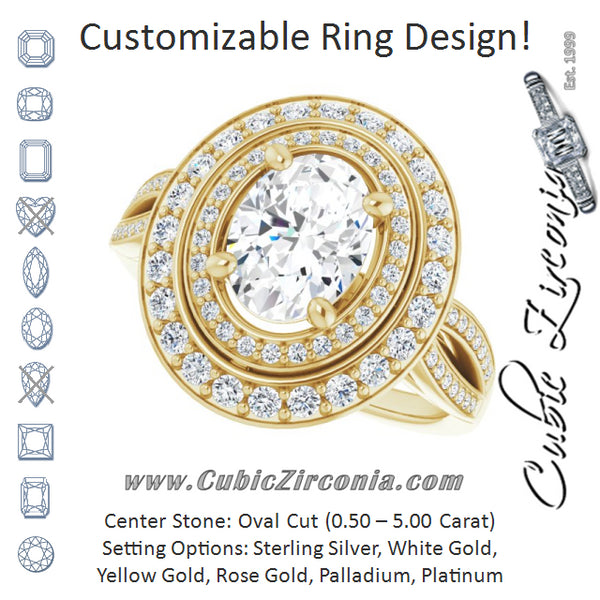 Cubic Zirconia Engagement Ring- The Henrika (Customizable Cathedral-style Oval Cut Design with Double Halo & Split-Pavé Band)