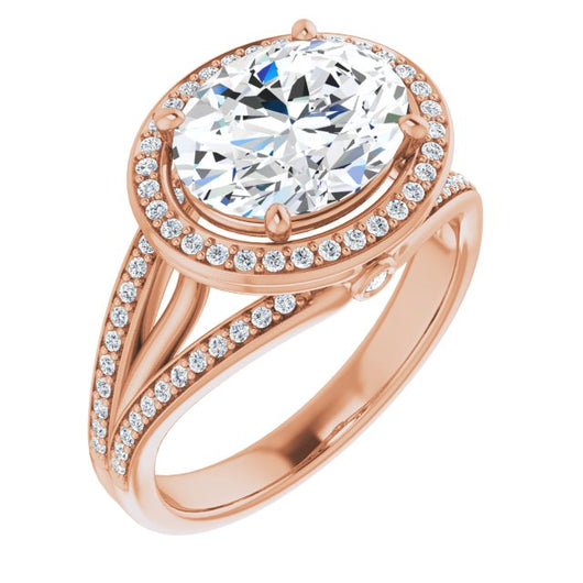 18K Rose Gold Customizable High-set Oval Cut Design with Halo, Wide Tri-Split Shared Prong Band and Round Bezel Peekaboo Accents