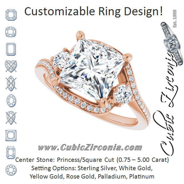 Cubic Zirconia Engagement Ring- The Paris Rae (Customizable Princess/Square Cut Bypass Design with Semi-Halo and Accented Band)